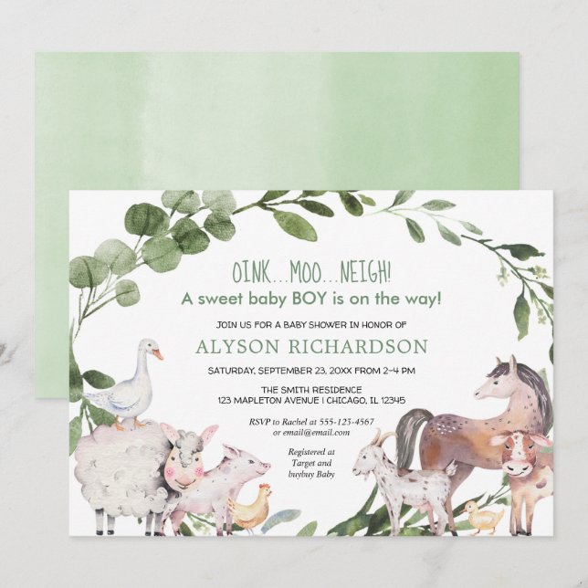 Farm barnyard animals greenery boy baby shower invitation (Front/Back)
