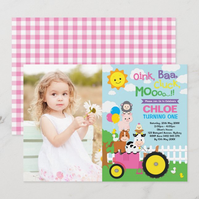 Farm Barnyard Animals Old MacDonald Girl Birthday Invitation (Front/Back)