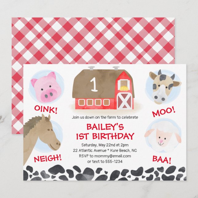 Farm Barnyard Animals Red Gingham Boy Birthday Invitation (Front/Back)
