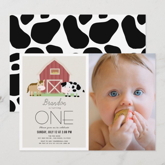 Farm Barnyard Beige Photo 1st Birthday Invitation (Front/Back)
