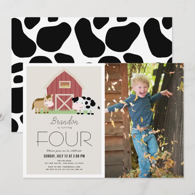 Farm Barnyard Beige Photo Birthday Invitation (Front/Back)