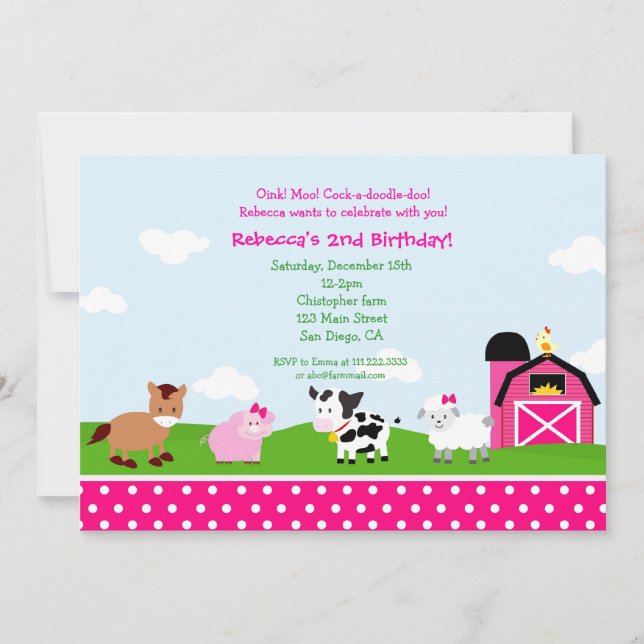 Farm Barnyard Birthday Invitations for girl (Front)