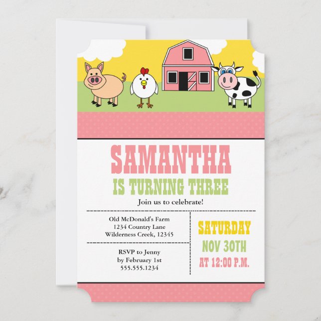Farm Barnyard Birthday Party Pink Girl Invitation (Front)