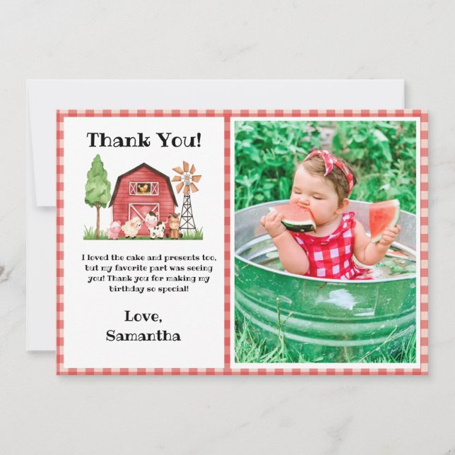 Farm/ Barnyard Birthday Thank You Card with Photo (Front)