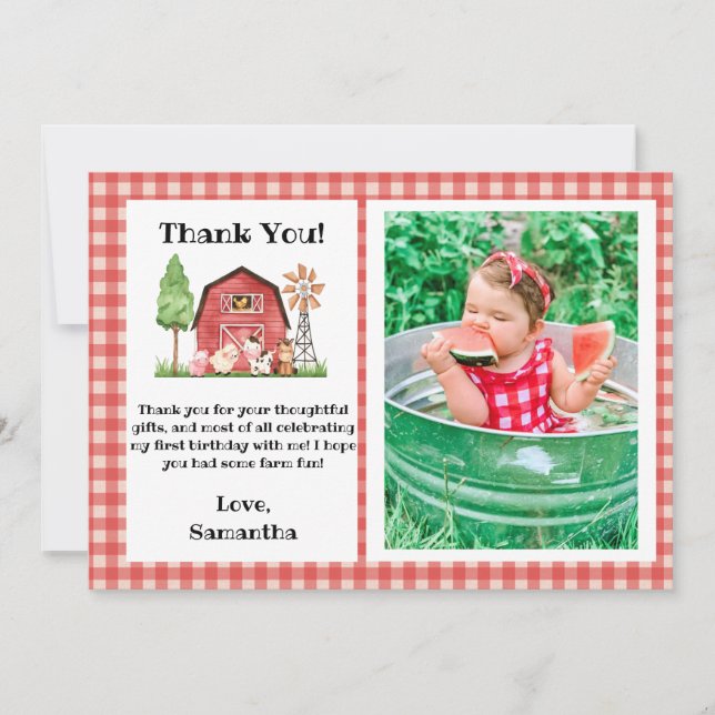 Farm/ Barnyard Birthday Thank You Card with Photo (Front)