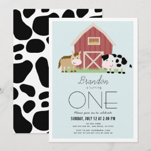 Farm Barnyard Blue Boy 1st Birthday Invitation
