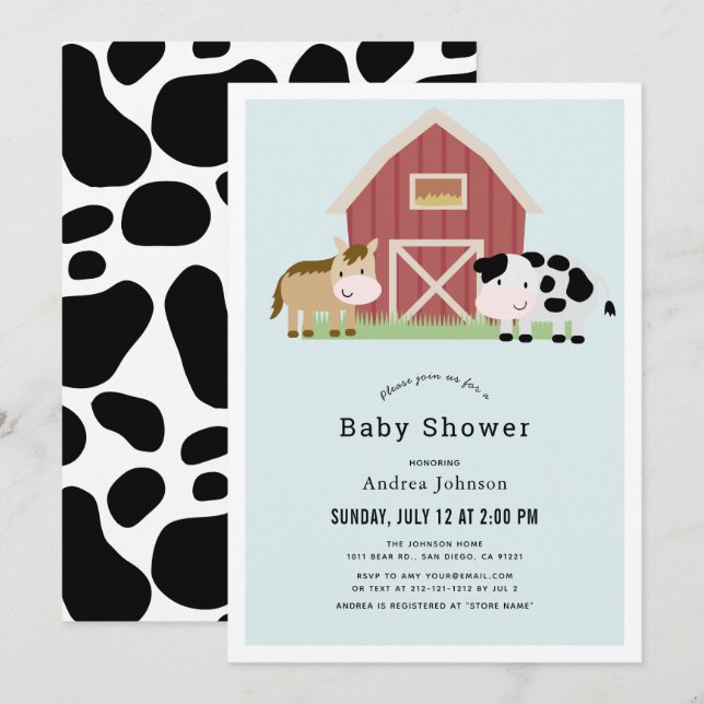 Farm Barnyard Blue Boy Baby Shower Invitation (Front/Back)
