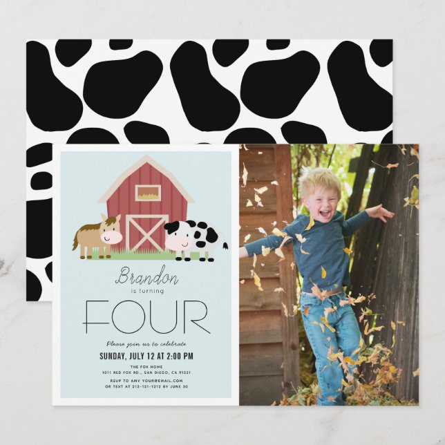 Farm Barnyard Blue Boy Photo Birthday Invitation (Front/Back)