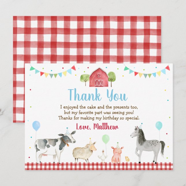 Farm Barnyard Farm Animal Birthday Thank You Card (Front/Back)