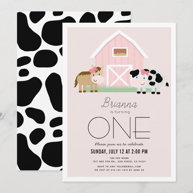 Farm Barnyard Pink Girl 1st Birthday Invitation (Front/Back)