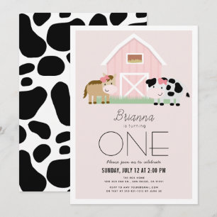 Farm Barnyard Pink Girl 1st Birthday Invitation