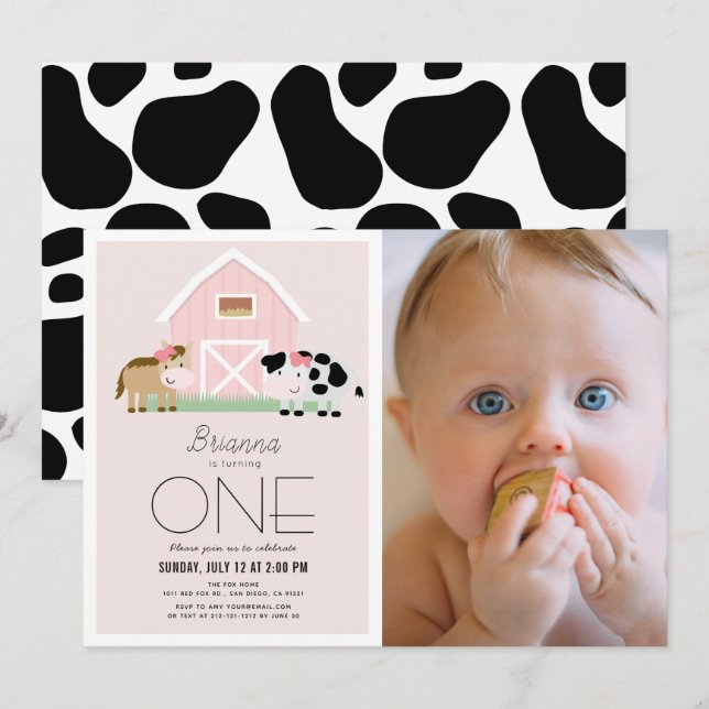 Farm Barnyard Pink Girl Photo 1st Birthday Invitation (Front/Back)