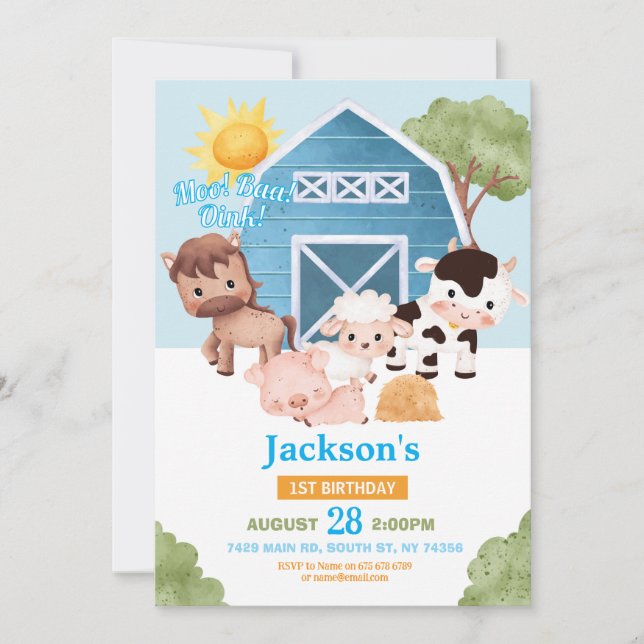 Farm Birthday 1st Invite Blue Boys One Animals (Front)