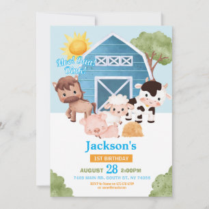 Farm Birthday 1st Invite Blue Boys One Animals