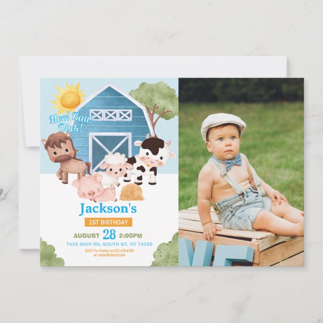 Farm Birthday 1st Invite Blue Boys One Photo (Front)