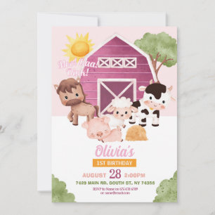 Farm Birthday 1st Invite Pink Girls One Animals