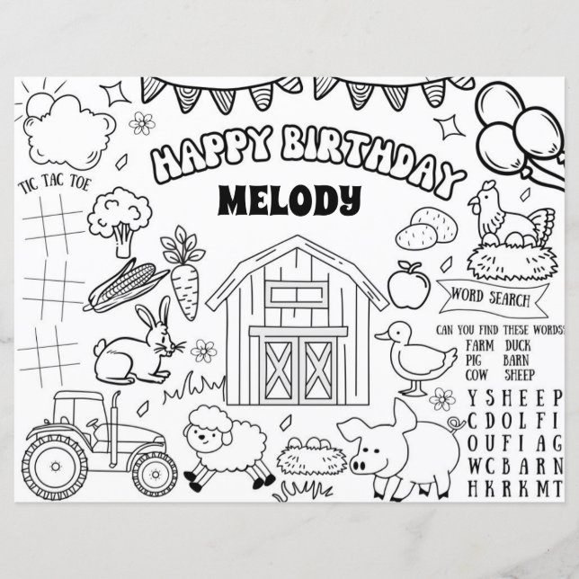 Farm Birthday Colouring Page Animal Party Placemat (Front)
