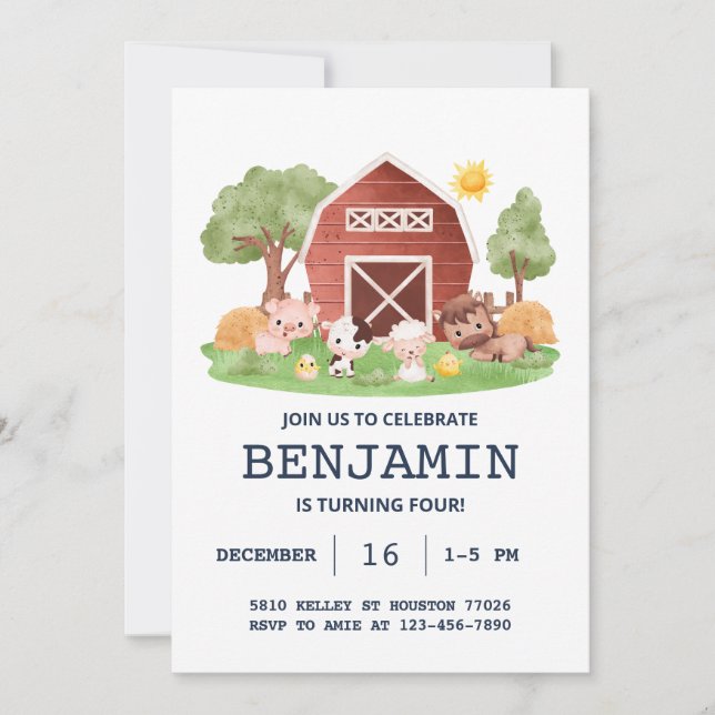 Farm Birthday Invitation, Barn Animals Invitation (Front)