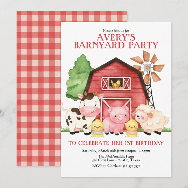 Farm Birthday Invitation, Barnyard Birthday Invitation (Front/Back)