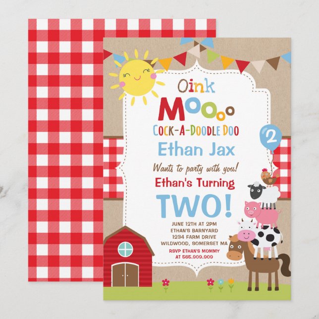 Farm Birthday Invitation Barnyard Birthday Party (Front/Back)