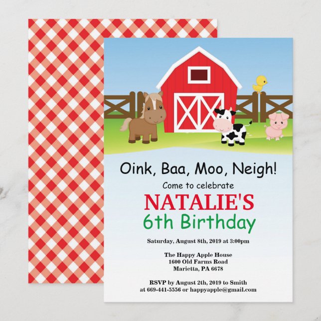 Farm Birthday Invitation Barnyard Party (Front/Back)