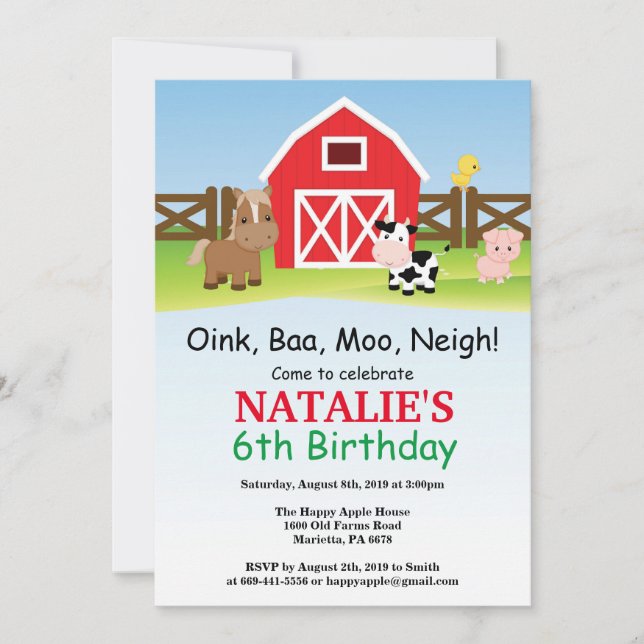 Farm Birthday Invitation Barnyard Party (Front)