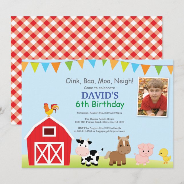 Farm Birthday Invitation Barnyard Party (Front/Back)