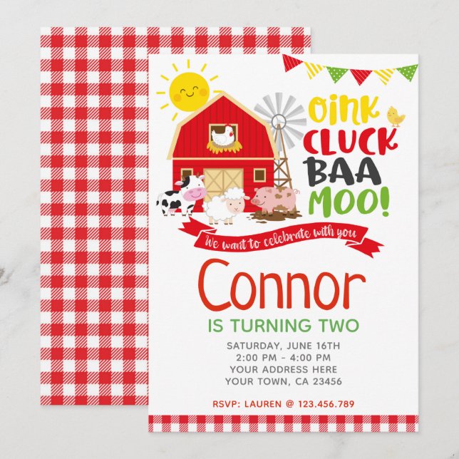 Farm Birthday Invitation, Barnyard Party Invitation (Front/Back)