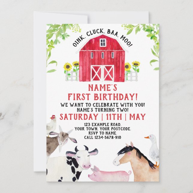 Farm Birthday Invitation, Boy Barn Party Animals Invitation (Front)