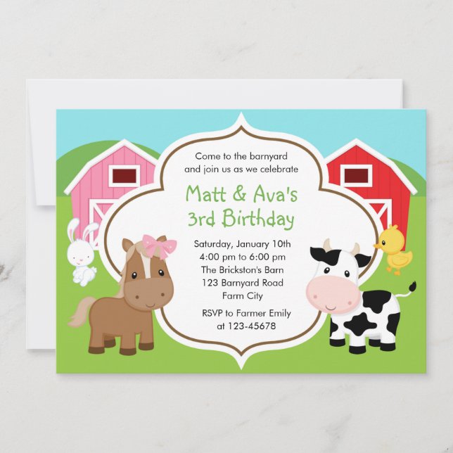 Farm Birthday Invitation - Boy Girl Twins Barnyard (Front)