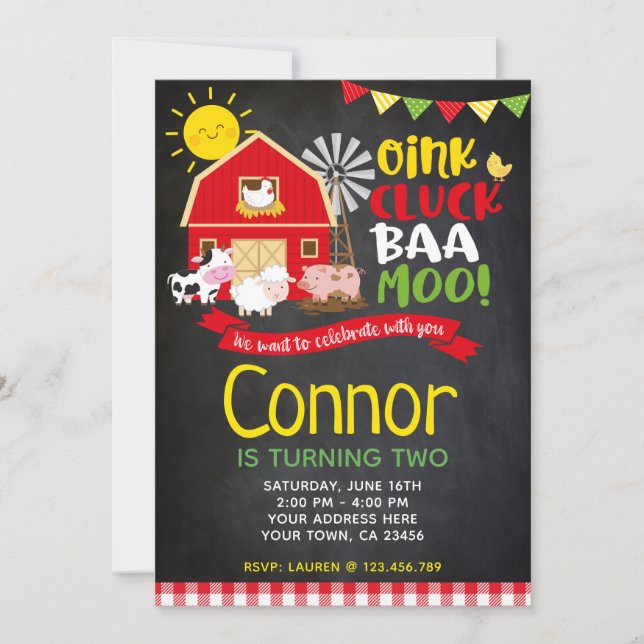 Farm Birthday Invitation, Chalkboard Invite (Front)