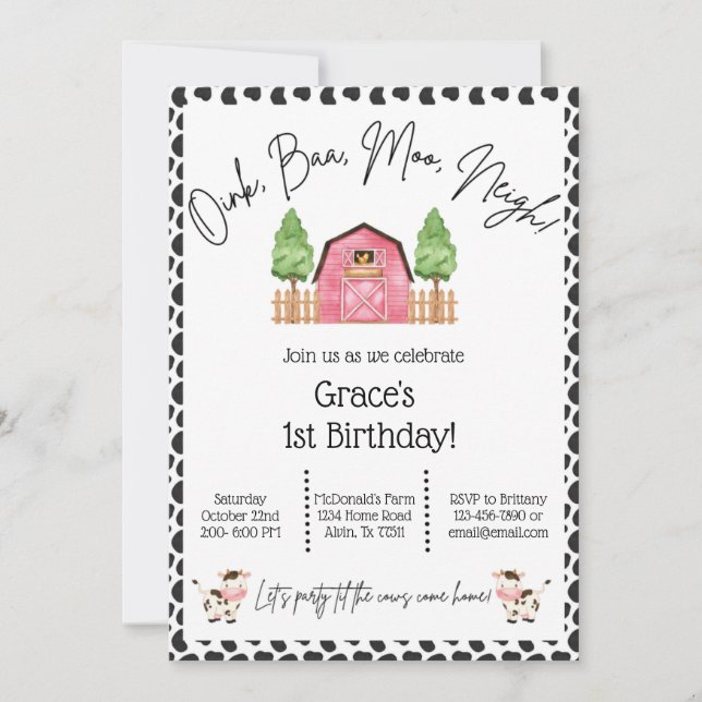 Farm Birthday Invitation- Cow Print Invitation (Front)