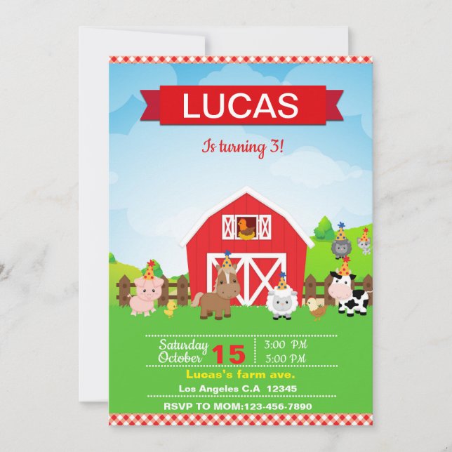Farm birthday invitation for boy (Front)