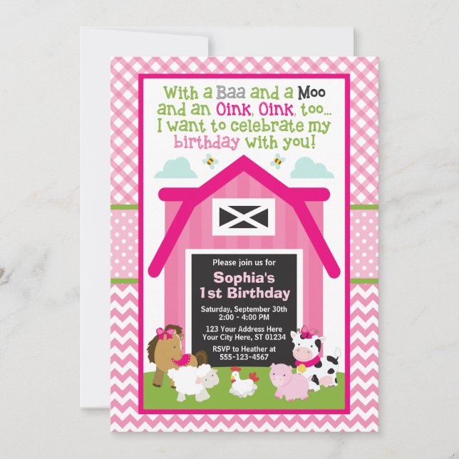 Farm Birthday Invitation | Girl Barnyard Birthday (Front)