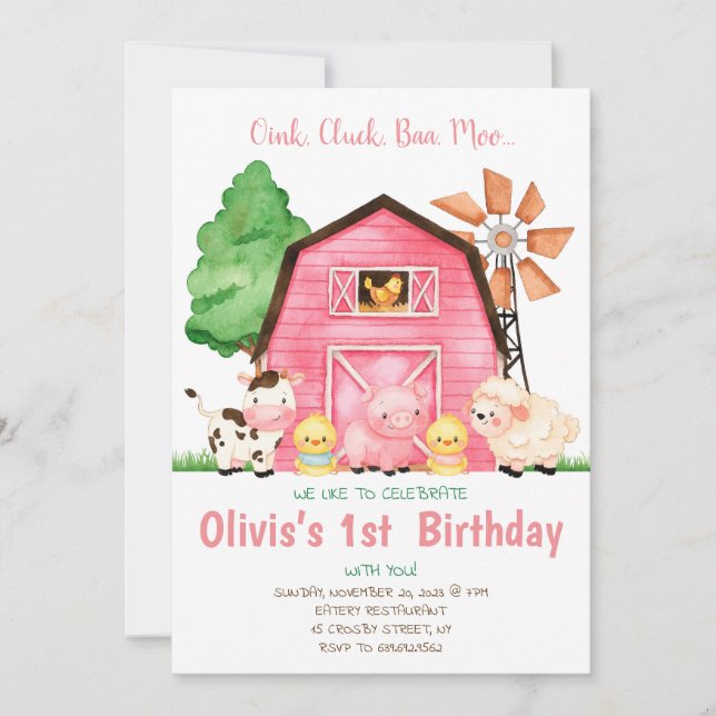 Farm Birthday Invitation girl farm barnyard party (Front)