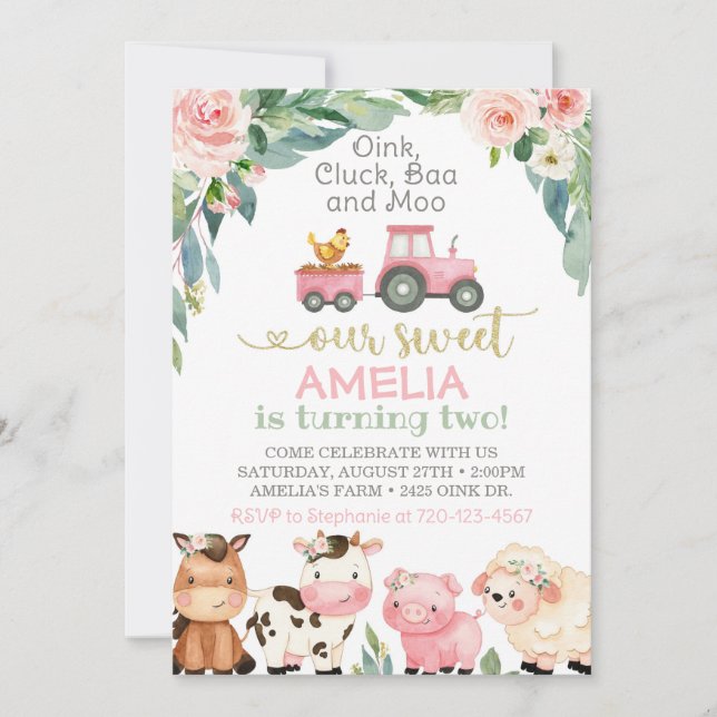 Farm Birthday Invitation, Girl Farm Invitation (Front)