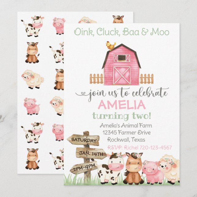Farm Birthday Invitation, Girl Farm Invitation (Front/Back)