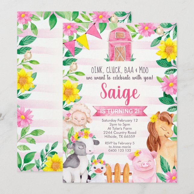 Farm Birthday Invitation Girl Farm Invitation (Front/Back)