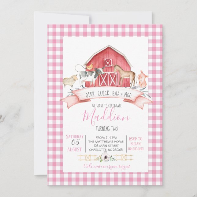 farm birthday invitation, girl farm party invitation (Front)
