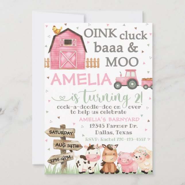 Farm Birthday Invitation, Oink Cluck Baa Moo Invitation (Front)