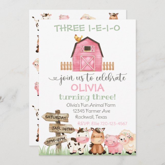 Farm Birthday Invitation, Three I-E-I-O Invitation (Front/Back)