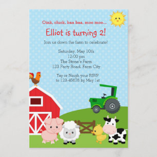 Farm Birthday Invitation with Green Tractor (Barn)