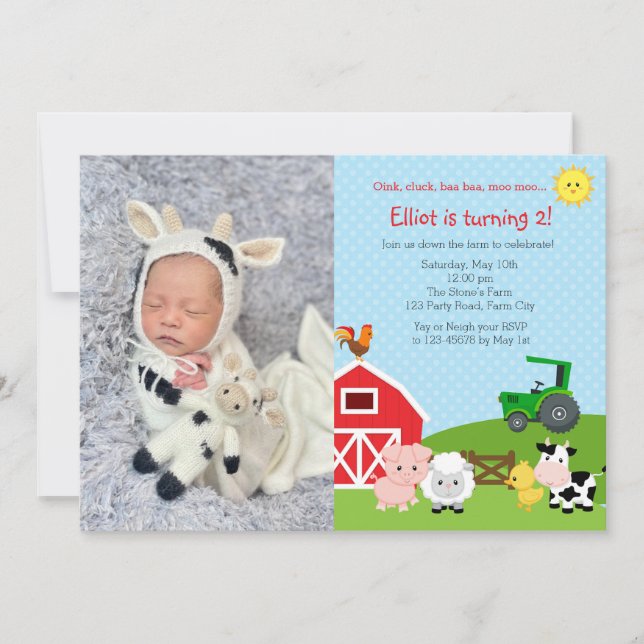 Farm Birthday Invitation with Photo - Barn Tractor (Front)