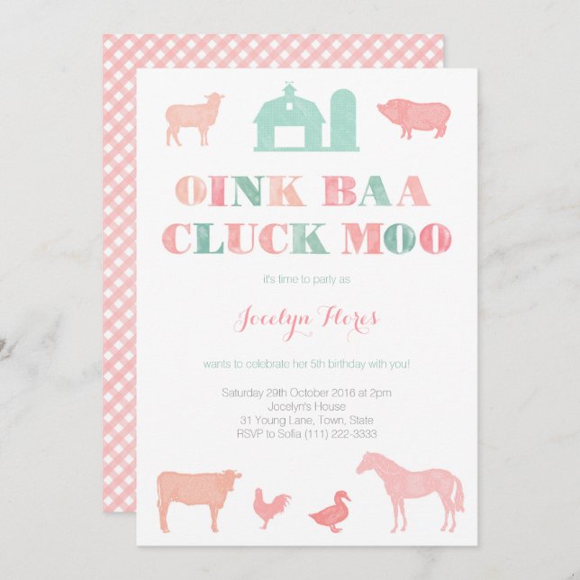 farm birthday party for girl, oink baa cluck moo invitation (Front/Back)