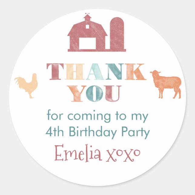 Farm Birthday Party Gender Neutral Thank You Favou Classic Round Sticker (Front)