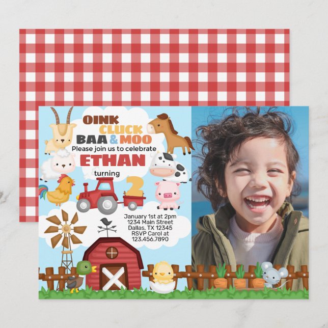 Farm Birthday Party Invitation Invite (Front/Back)
