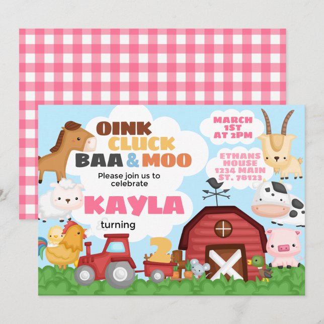 Farm Birthday Party Invitation Pink Girl (Front/Back)