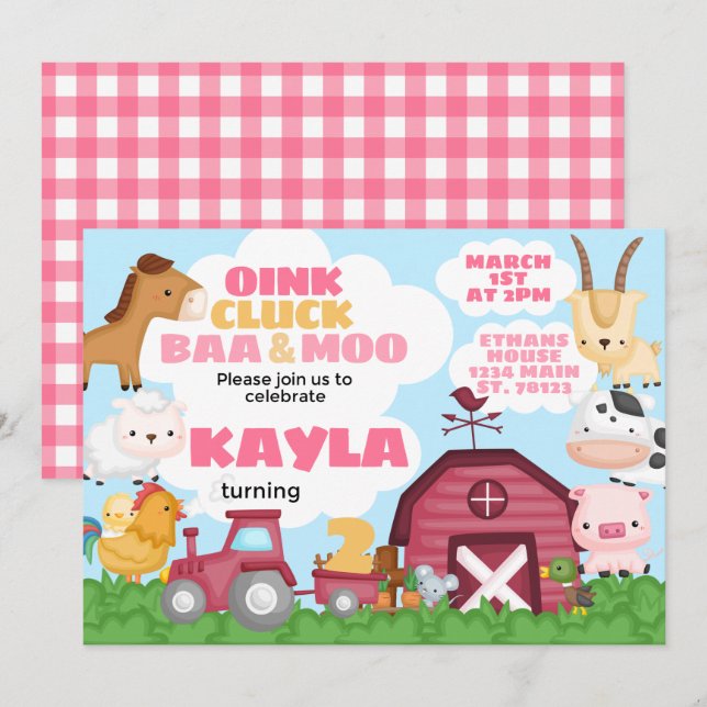 Farm Birthday Party Invitation Pink Girl (Front/Back)