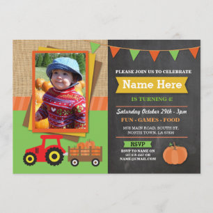 Farm Birthday Party Pumpkin Tractor Photo Invite