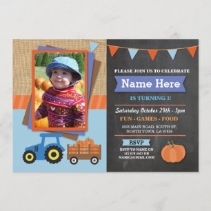 Farm Birthday Party Pumpkin Tractor Photo Invite